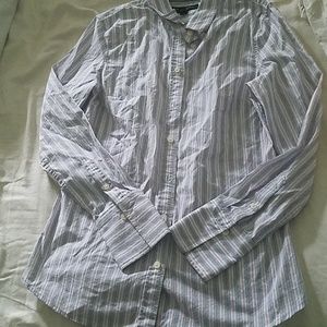 White pink and gray stripe button down shirt